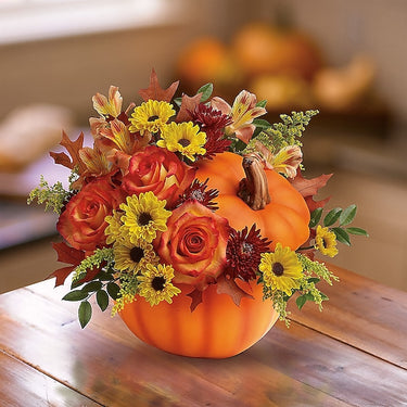 Halloween Pumpkin Arrangement with Orange Roses